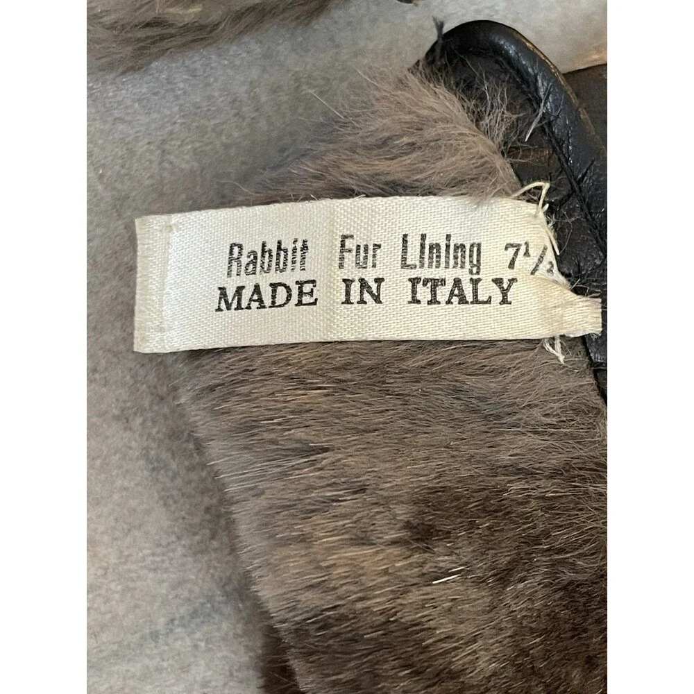 Vintage Italian Black Leather Gloves Rabbit Fur Lined Size 7.5 Made in Italy
